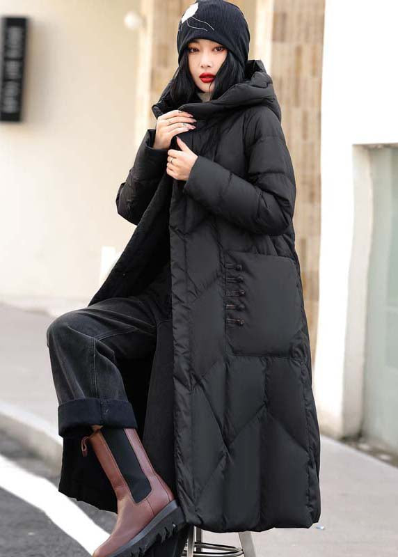 Coffee Zippered Pockets Duck Down Down Long Coat Hooded