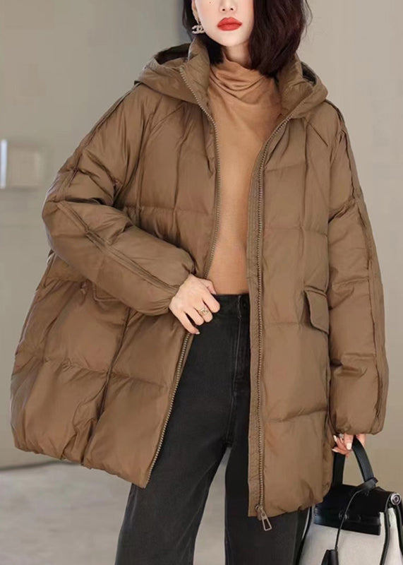 Coffee Zippered Pockets Patchwork Hooded Parka Winter