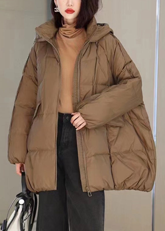 Coffee Zippered Pockets Patchwork Hooded Parka Winter