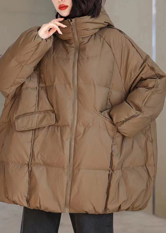 Coffee Zippered Pockets Patchwork Hooded Parka Winter