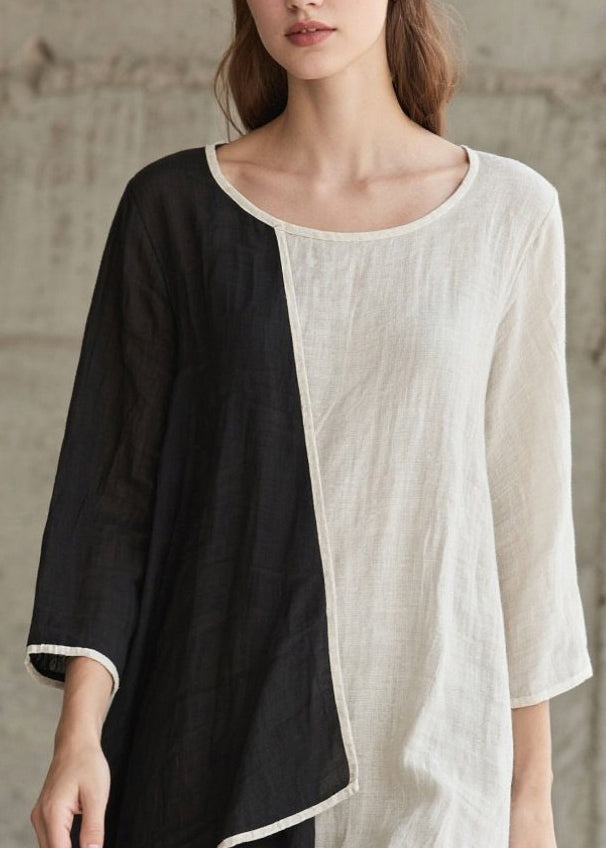 Colorblock Patchwork Cotton Dress Asymmetrical Bracelet Sleeve
