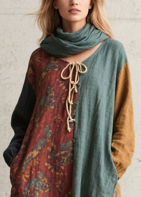 Colorblock Patchwork Cotton Vacation Dress Oversized Fall
