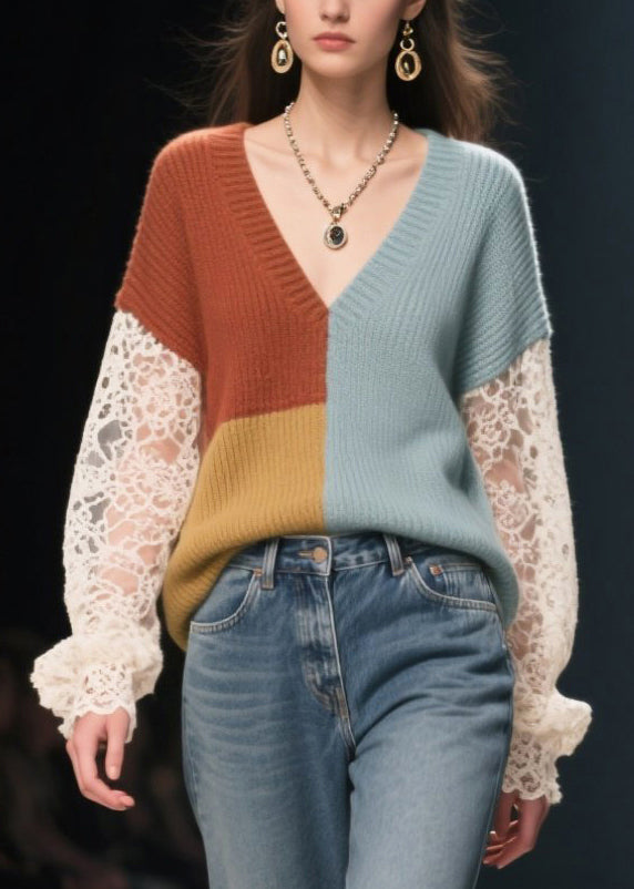 Colorblock Patchwork Lace Knit Tops Hollow Out Fall