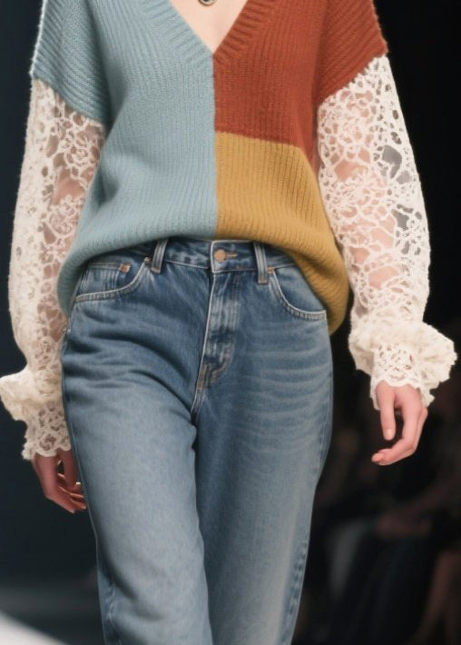 Colorblock Patchwork Lace Knit Tops Hollow Out Fall