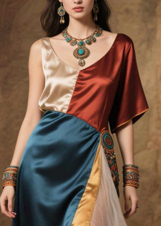 Colorblock Patchwork Silk Long Dress Asymmetrical Design Summer
