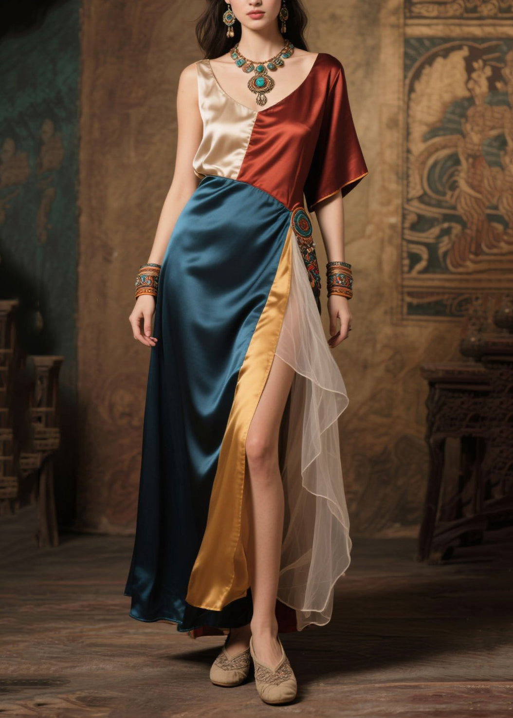 Colorblock Patchwork Silk Long Dress Asymmetrical Design Summer