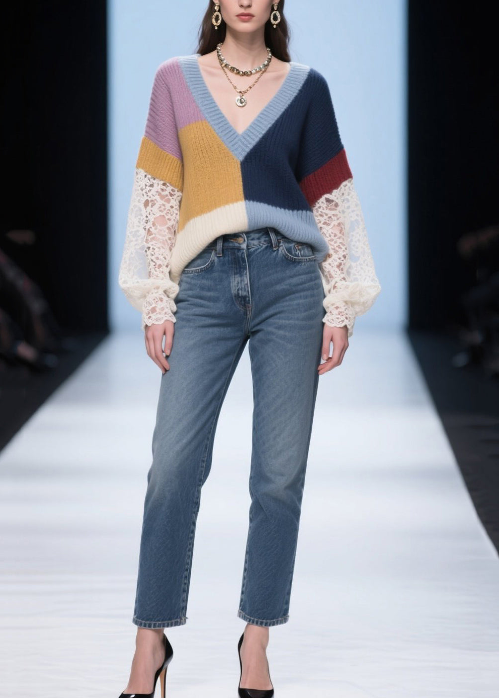 Colorblock Patchwork Sweaters Asymmetrical Hollow Out Fall