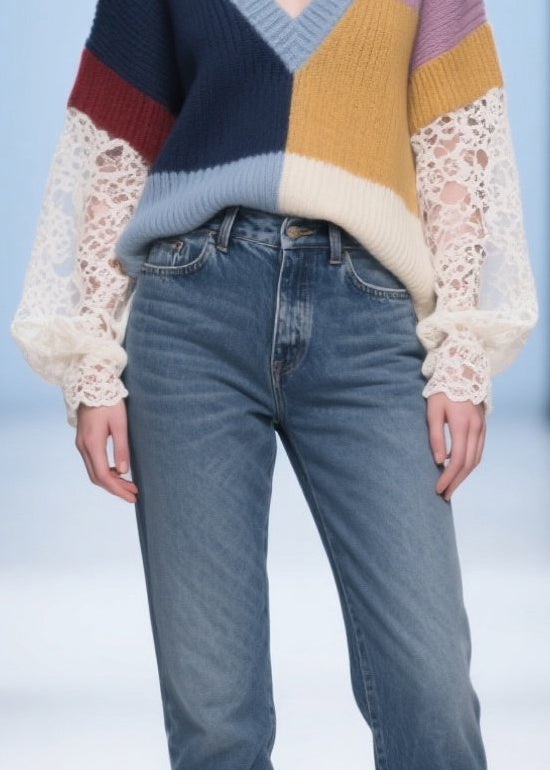 Colorblock Patchwork Sweaters Asymmetrical Hollow Out Fall