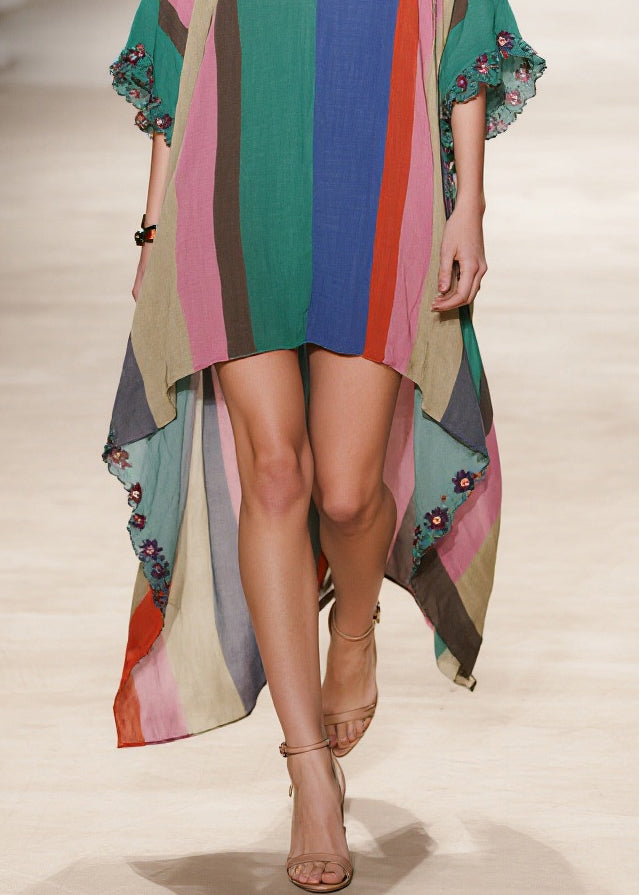 Colorblock Striped Cotton Maxi Dresses Low High Design Summer