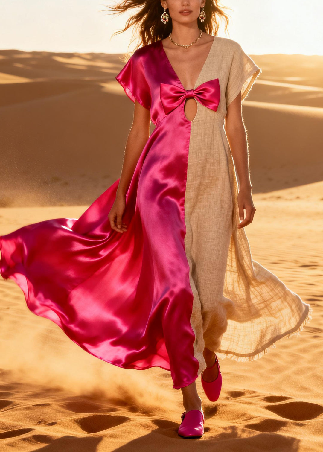 ColorblockC Patchwork Linen Silk Long Dress Asymmetrical Design Bow Summer