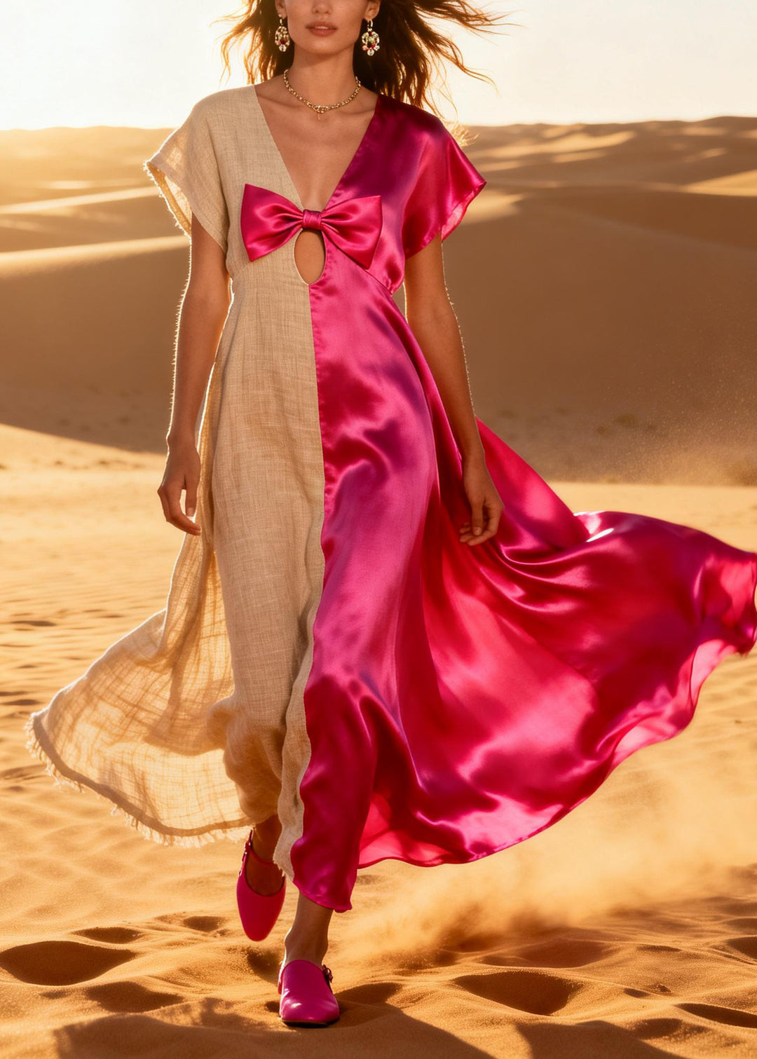 ColorblockC Patchwork Linen Silk Long Dress Asymmetrical Design Bow Summer