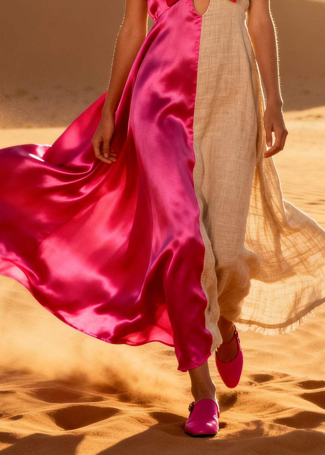 ColorblockC Patchwork Linen Silk Long Dress Asymmetrical Design Bow Summer