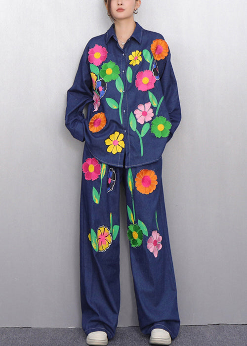 Colorful Floral Navy Button Shirts And Pants Denim Two Pieces Set Fall