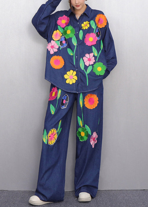 Colorful Floral Navy Button Shirts And Pants Denim Two Pieces Set Fall