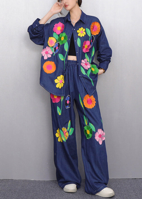 Colorful Floral Navy Button Shirts And Pants Denim Two Pieces Set Fall