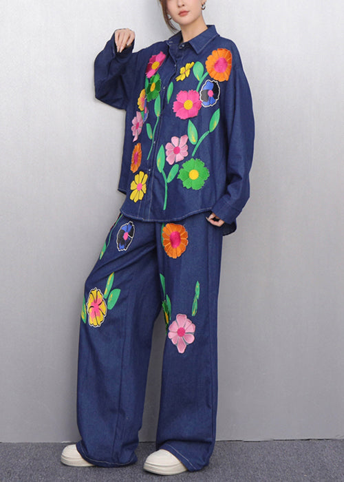 Colorful Floral Navy Button Shirts And Pants Denim Two Pieces Set Fall