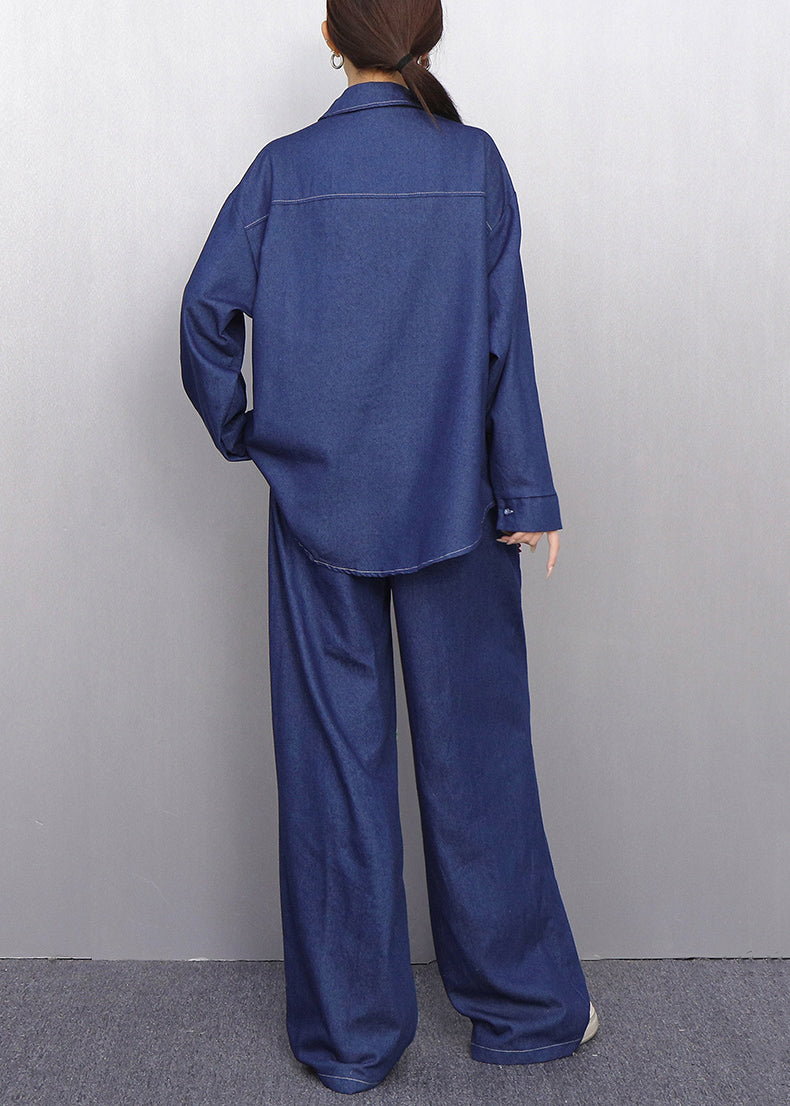 Colorful Floral Navy Button Shirts And Pants Denim Two Pieces Set Fall