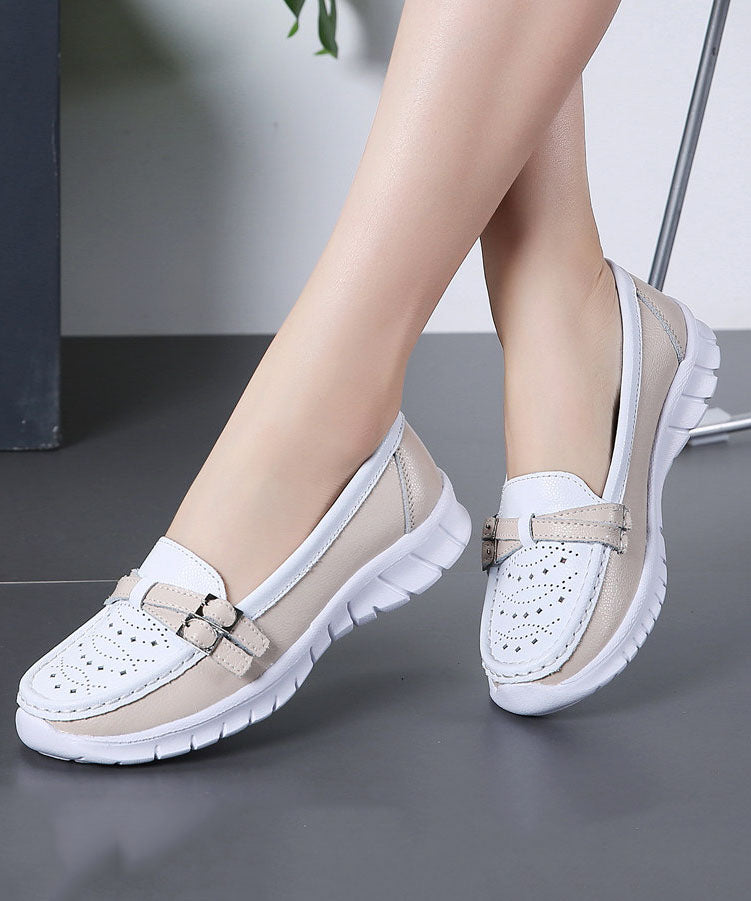 Comfortable Breathable Faux Leather Women Splicing Beige Flat Shoes