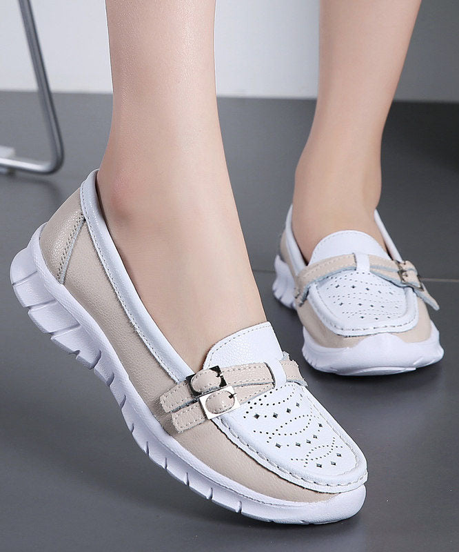 Comfortable Breathable Faux Leather Women Splicing Beige Flat Shoes