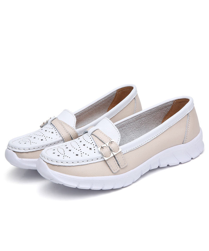 Comfortable Breathable Faux Leather Women Splicing Beige Flat Shoes