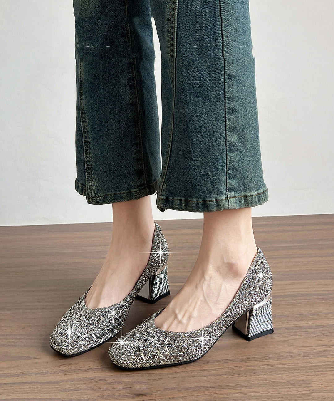 Comfortable Champagne Chunky High Heels Sparkly Faux Leather