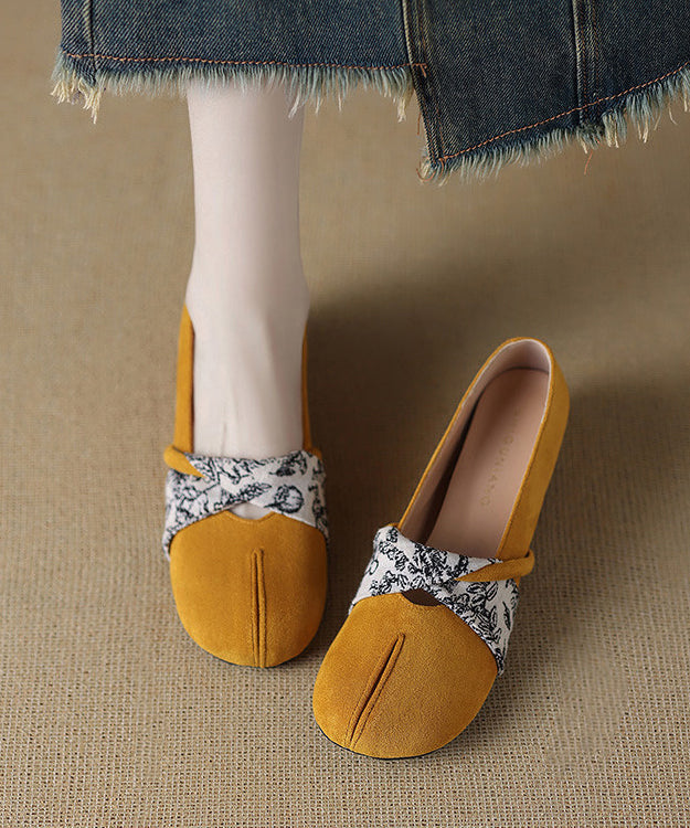 Comfortable Cowhide Leather Yellow Flat Shoes