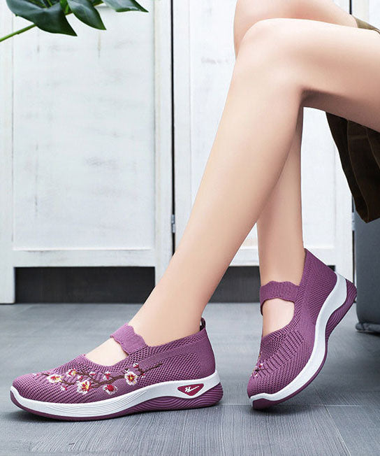 Comfortable Embroidered Flat Shoes Purple Breathable Mesh