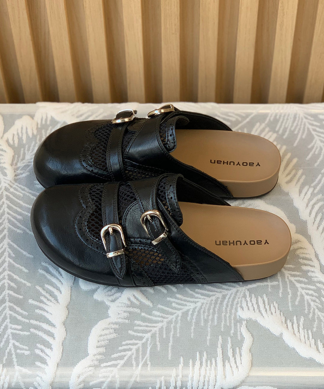 Comfortable Hollow Out Beige Faux Leather Slide Sandals