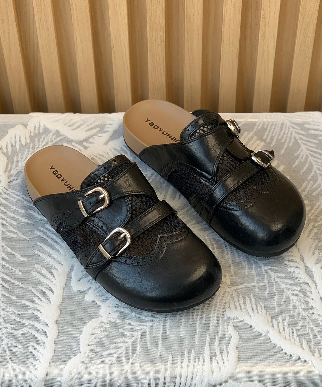 Comfortable Hollow Out Beige Faux Leather Slide Sandals