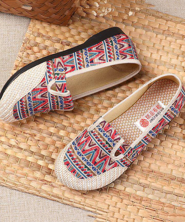 Comfortable Linen Fabric Flat Shoes Red Print Flat Shoes
