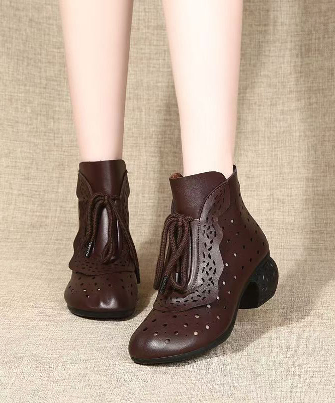 Comfortable Splicing Chunky Boots Red Cowhide Leather Hollow Out Lace Up