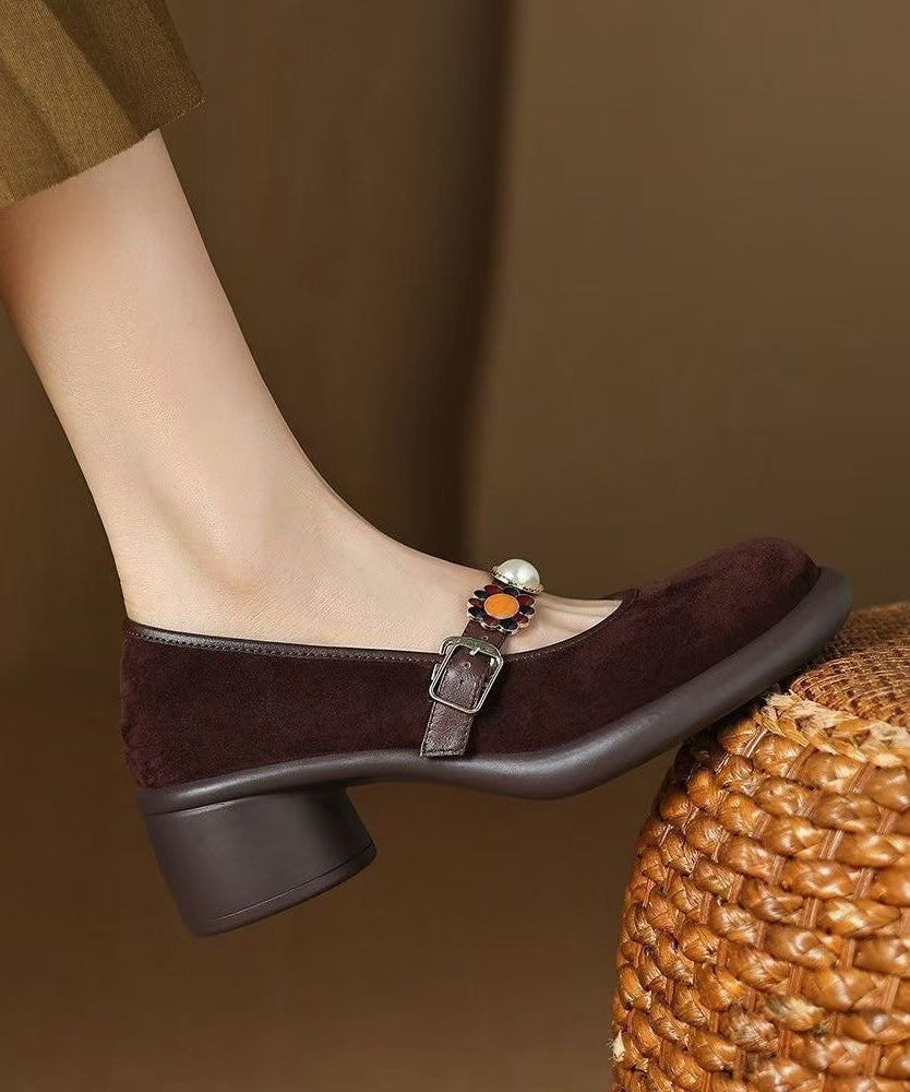 Comfortable Splicing Chunky Heel Brown Suede Buckle Strap