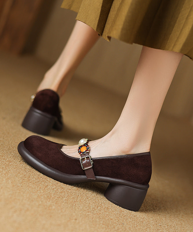 Comfortable Splicing Chunky Heel Brown Suede Buckle Strap