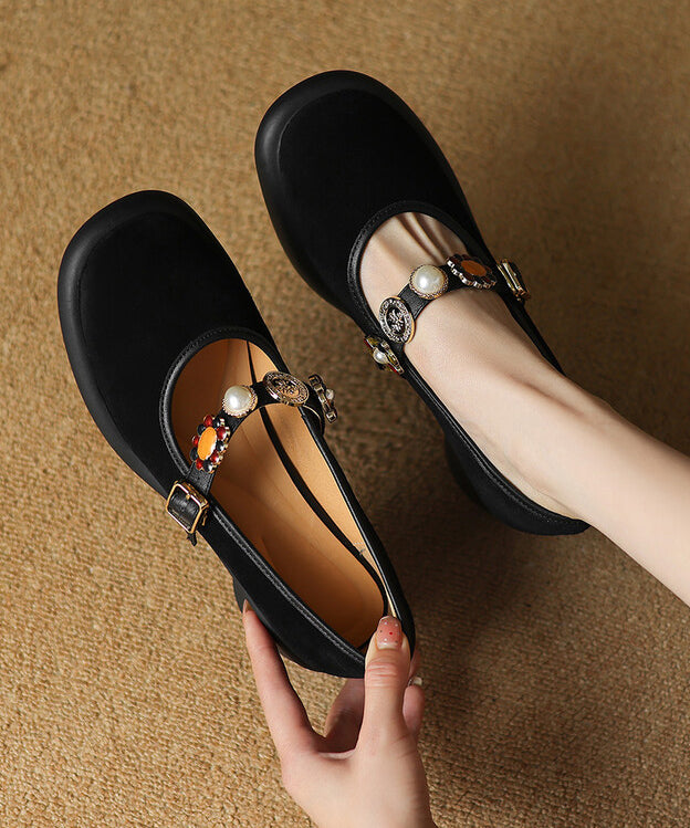 Comfortable Splicing Chunky Heel Brown Suede Buckle Strap