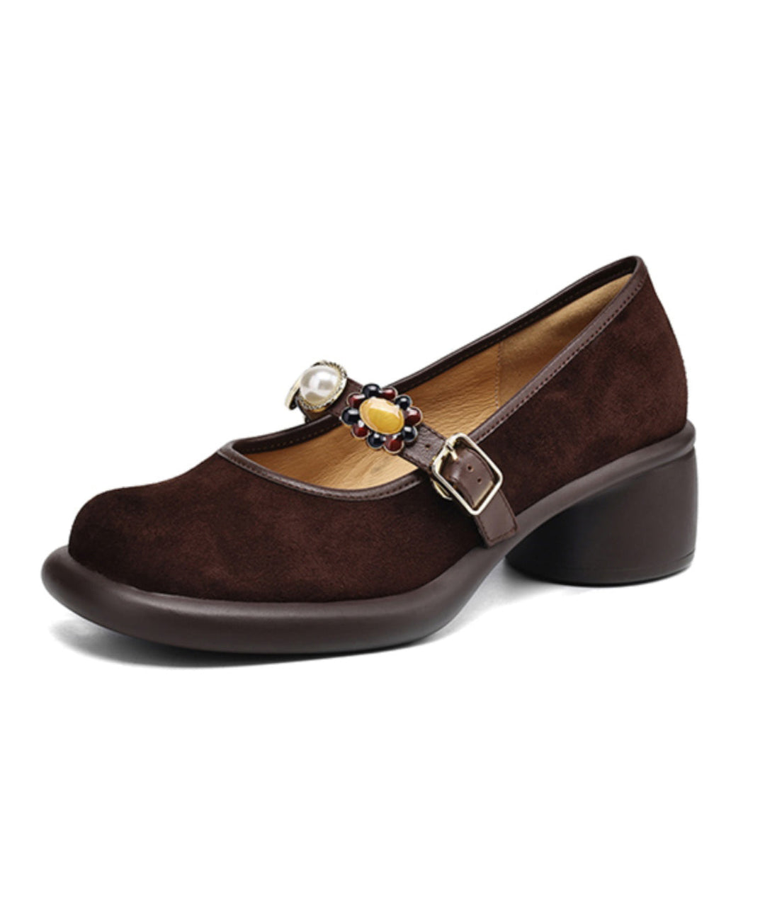 Comfortable Splicing Chunky Heel Brown Suede Buckle Strap