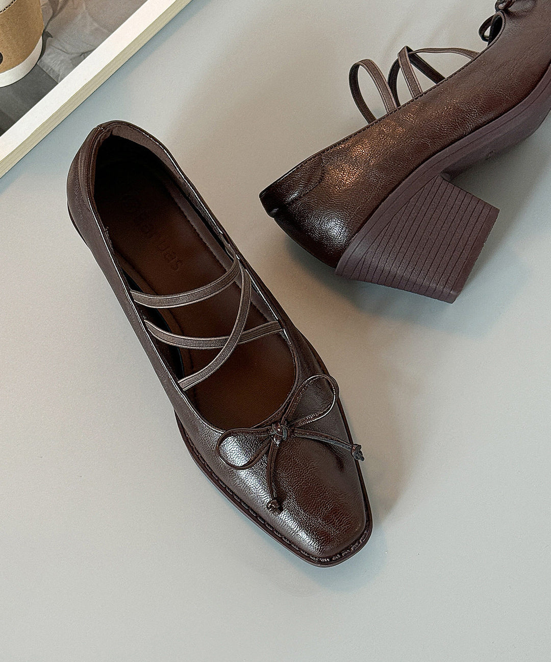 Comfortable Splicing Chunky High Heels Brown Faux Leather Cross Strap
