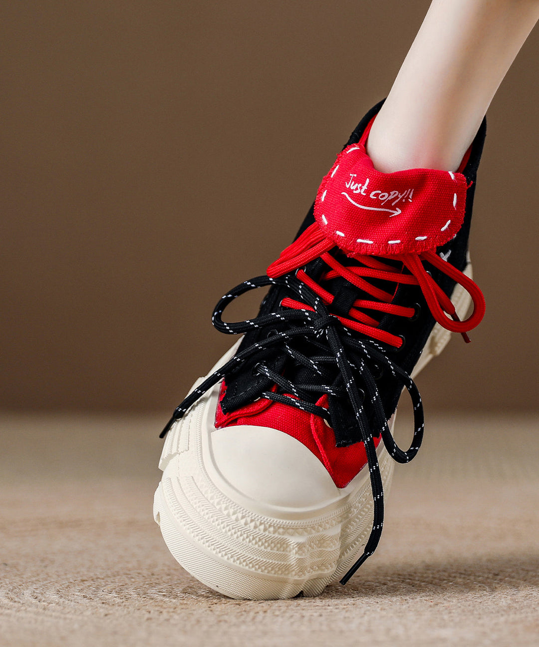 Comfortable Splicing Platform Flat Shoes Black Red Canvas Lace Up
