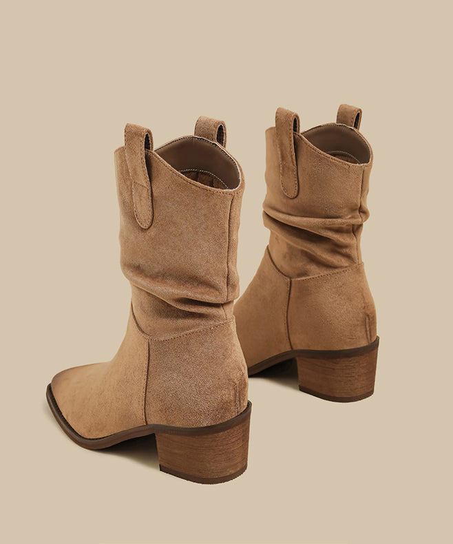 Comfortable Splicing Wrinkled Chunky Boots Brown Suede