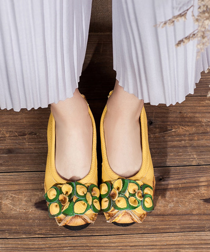 Comfortable Yellow Platform Cowhide Leather Splicing Flat Shoes