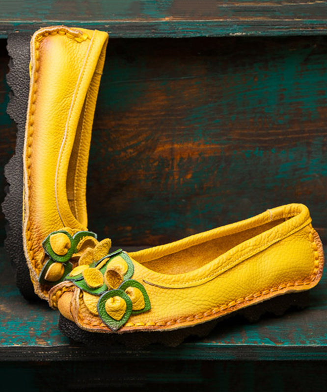 Comfortable Yellow Platform Cowhide Leather Splicing Flat Shoes