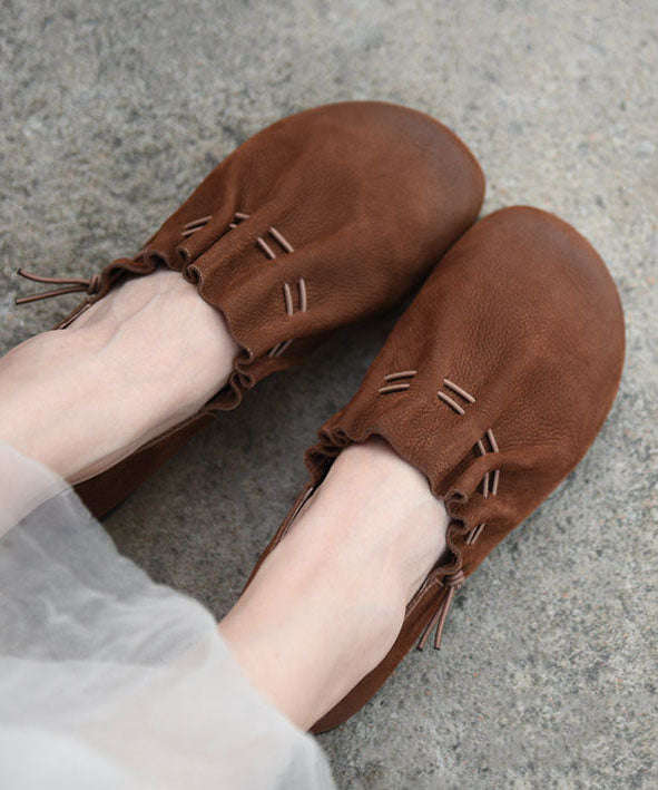 Comfy Drawstring Flat Shoes Coffee Genuine Leather