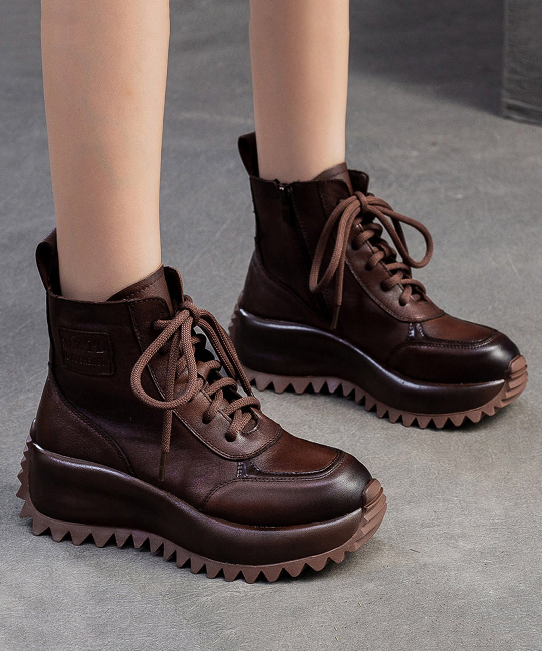 Comfy Lace Up Splicing Platform Boots Coffee Cowhide Leather
