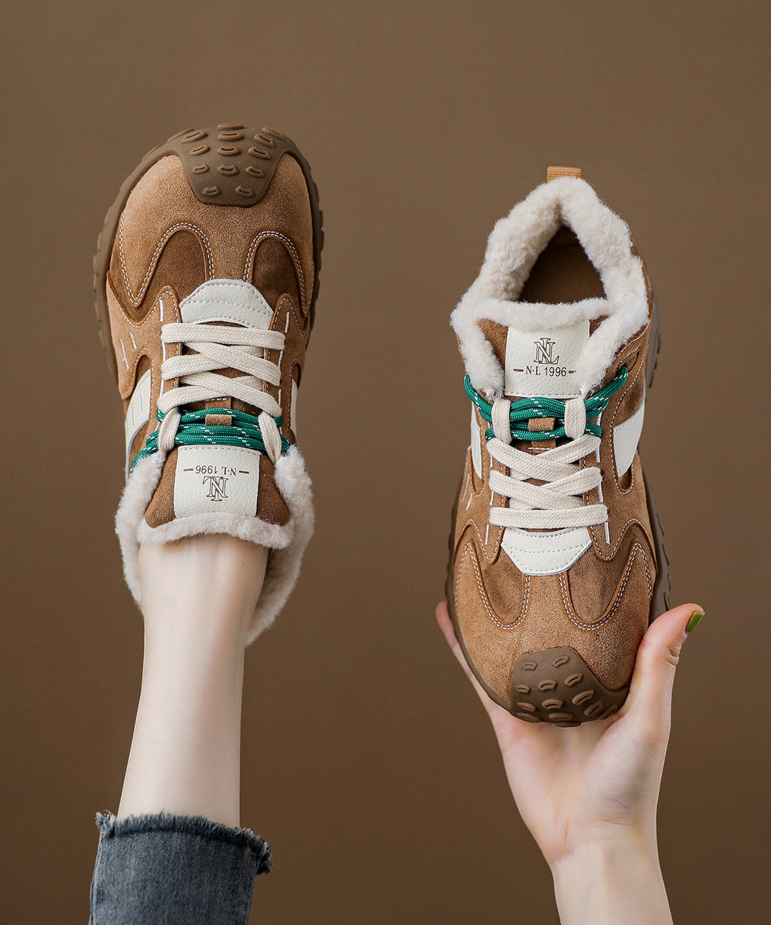 Comfy Lace Up Splicing Platform Flat Shoes Red Suede Thick Warm