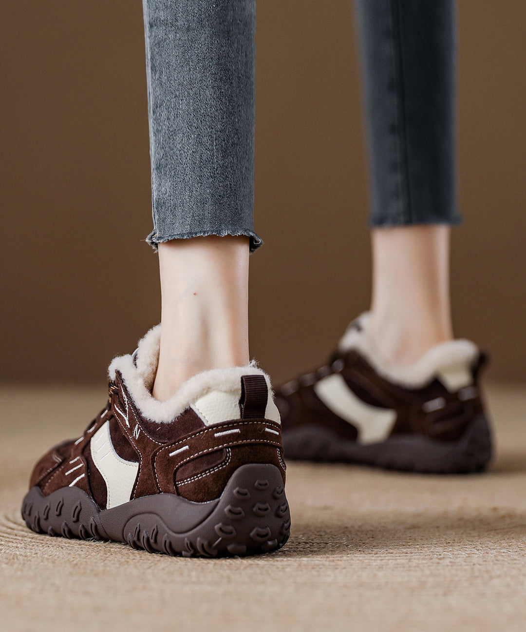 Comfy Lace Up Splicing Platform Flat Shoes Red Suede Thick Warm