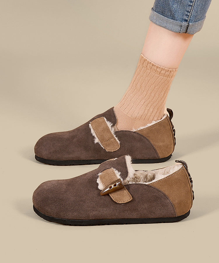 Comfy Splicing Flat Shoes Coffee Suede Fuzzy Wool Lined