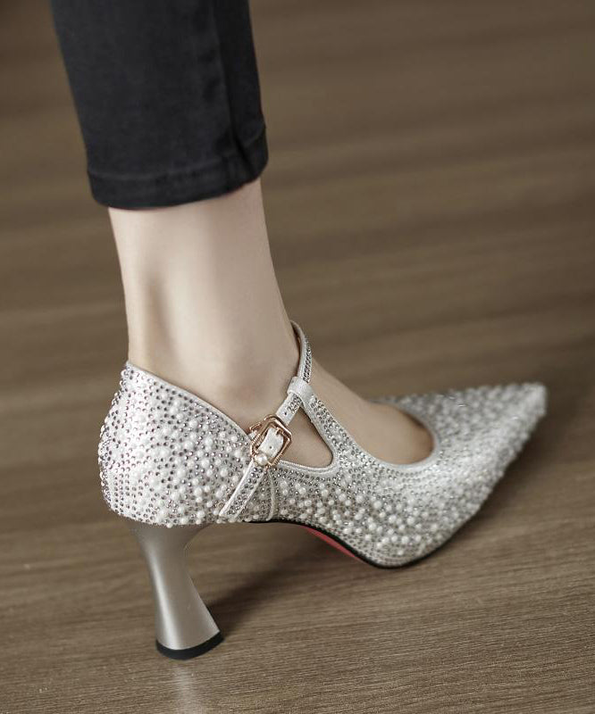 Comfy Splicing High Heels Pointed Toe Silver Cowhide Leather Zircon