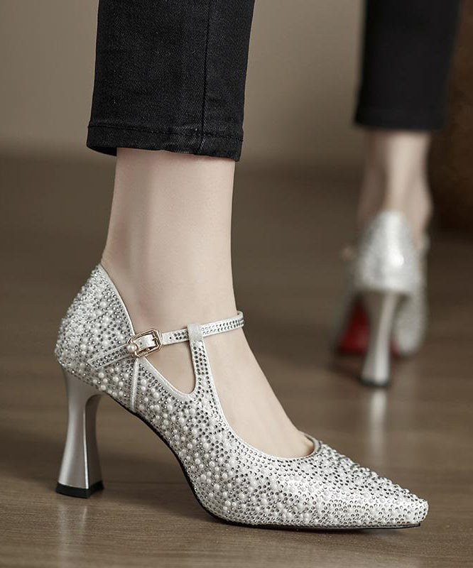 Comfy Splicing High Heels Pointed Toe Silver Cowhide Leather Zircon