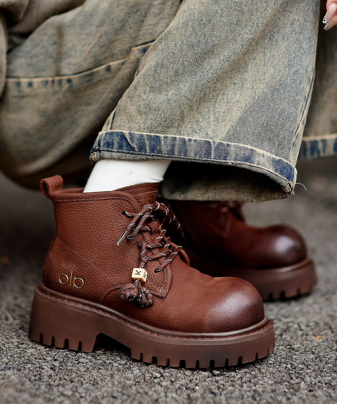 Comfy Splicing Platform Boots Coffee Cowhide Leather Fuzzy Wool Lined