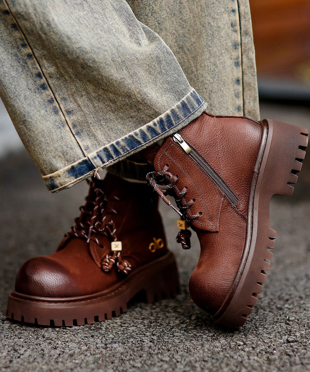 Comfy Splicing Platform Boots Coffee Cowhide Leather Fuzzy Wool Lined