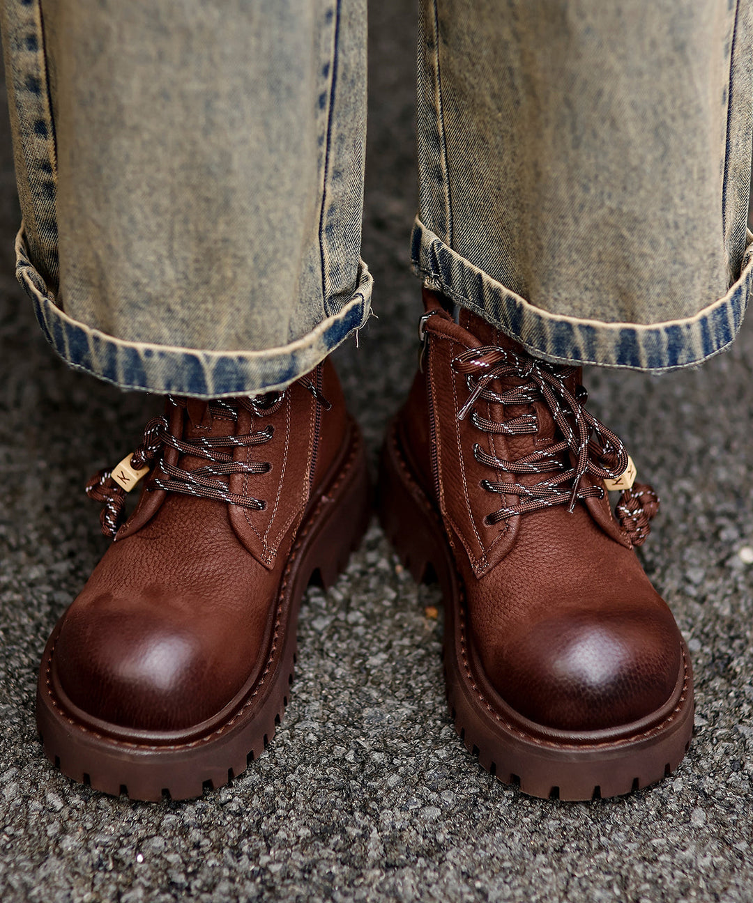 Comfy Splicing Platform Boots Coffee Cowhide Leather Fuzzy Wool Lined